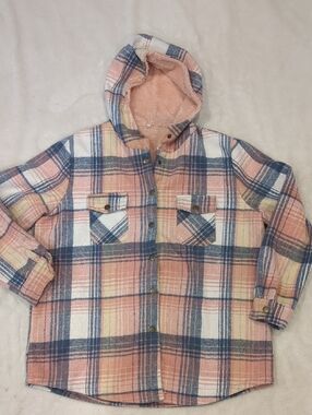 Cozy Hooded Plaid Shacket in Pink and Blue